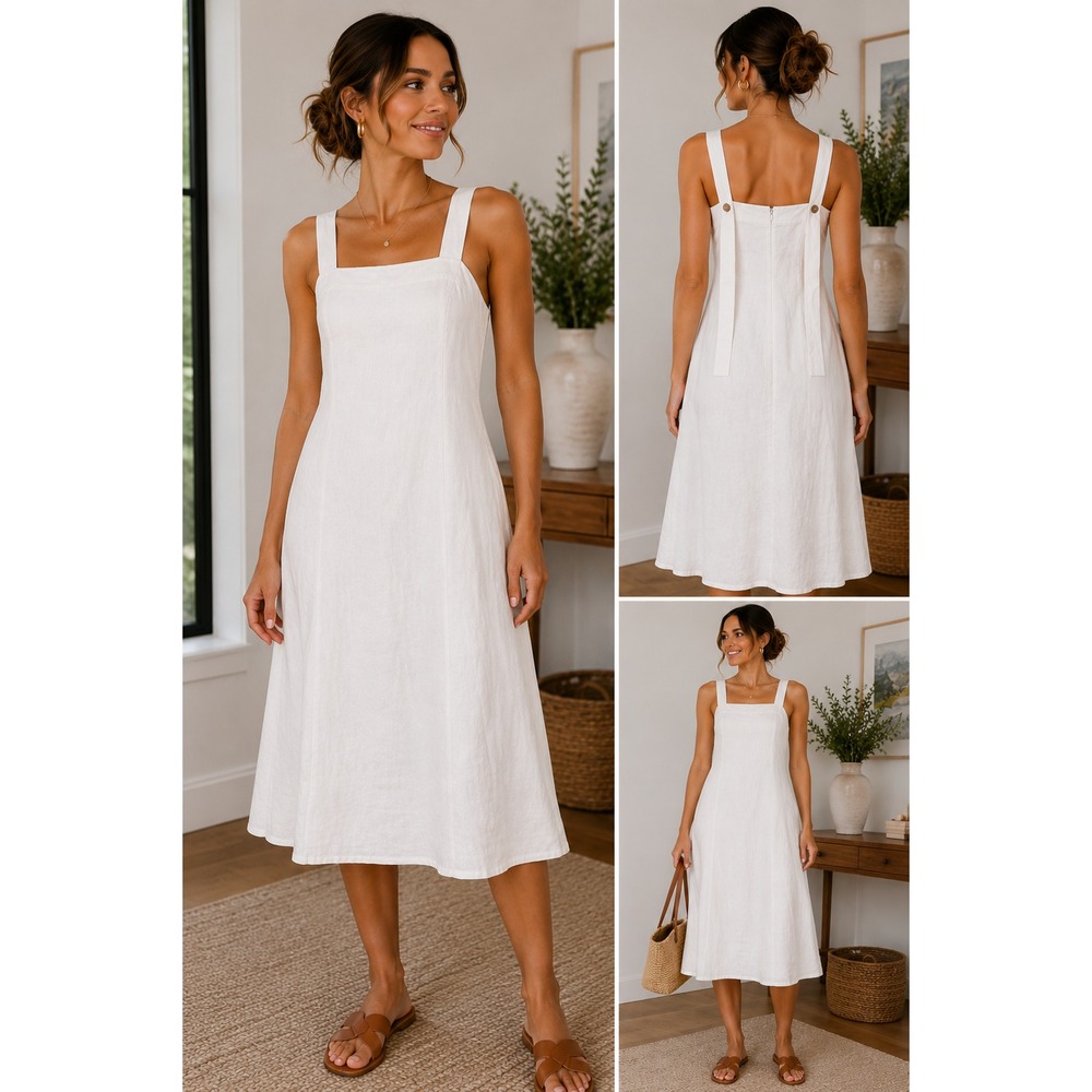 Madewell XS Lighthouse Linen Cotton Princess Seamed Midi Dress White Boho